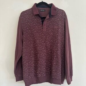 Vintage Hugo Boss Men's Polo Shirt, Maroon with Diamond Pattern
